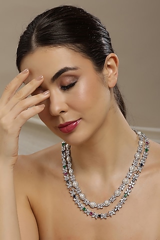 White Finish Multi-Colored Stone & Zircon Long Layered Necklace by Ritu Singh
