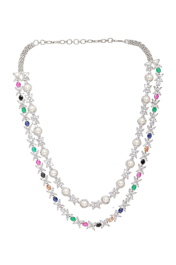 White Finish Multi-Colored Stone & Zircon Long Layered Necklace by Ritu Singh at Pernia's Pop Up Shop