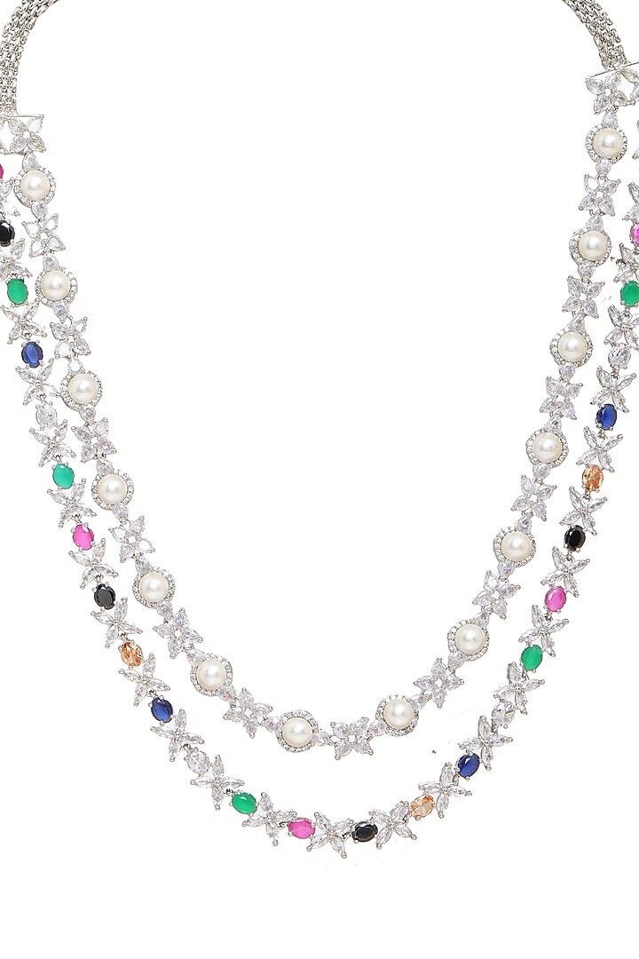 White Finish Multi-Colored Stone & Zircon Long Layered Necklace by Ritu Singh at Pernia's Pop Up Shop