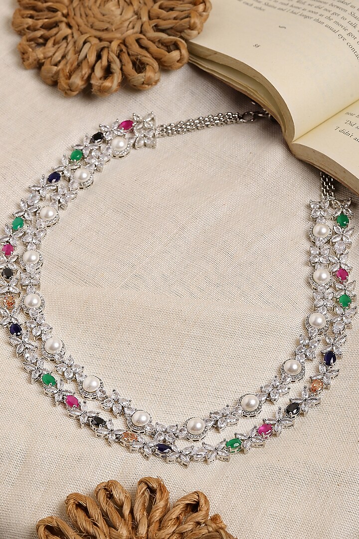 White Finish Multi-Colored Stone & Zircon Long Layered Necklace by Ritu Singh at Pernia's Pop Up Shop