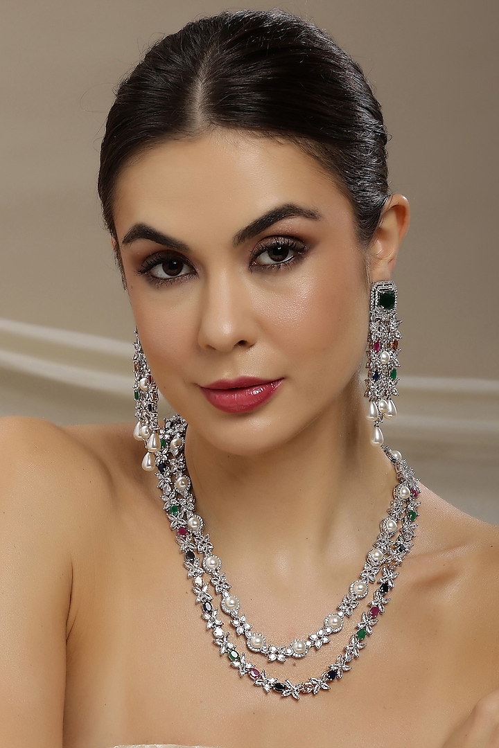 White Finish Multi-Colored Stone & Zircon Long Layered Necklace Set by Ritu Singh at Pernia's Pop Up Shop