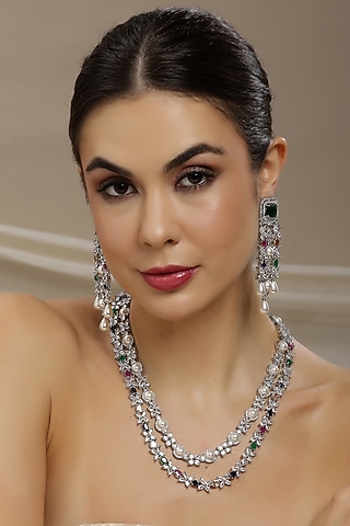White Finish Multi-Colored Stone & Zircon Long Layered Necklace Set by Ritu Singh