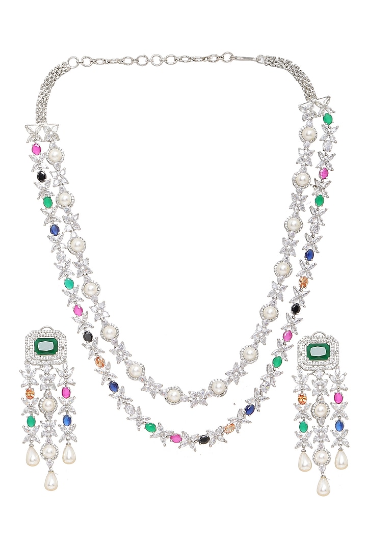 White Finish Multi-Colored Stone & Zircon Long Layered Necklace Set by Ritu Singh at Pernia's Pop Up Shop