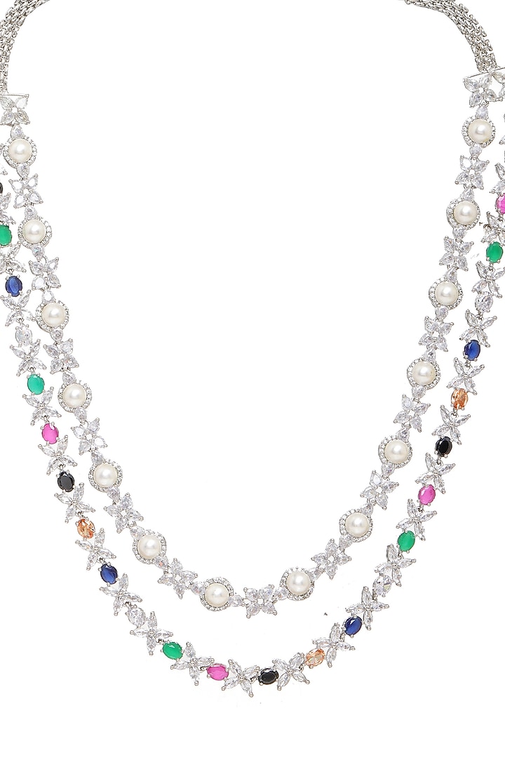 White Finish Multi-Colored Stone & Zircon Long Layered Necklace Set by Ritu Singh at Pernia's Pop Up Shop