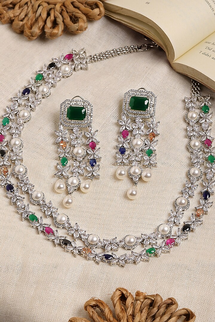 White Finish Multi-Colored Stone & Zircon Long Layered Necklace Set by Ritu Singh at Pernia's Pop Up Shop
