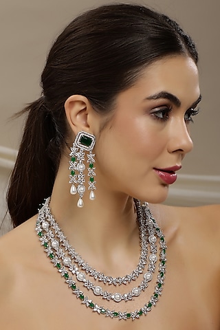 White Finish Emerald Stone & Diamond Long Layered Necklace Set by Ritu Singh