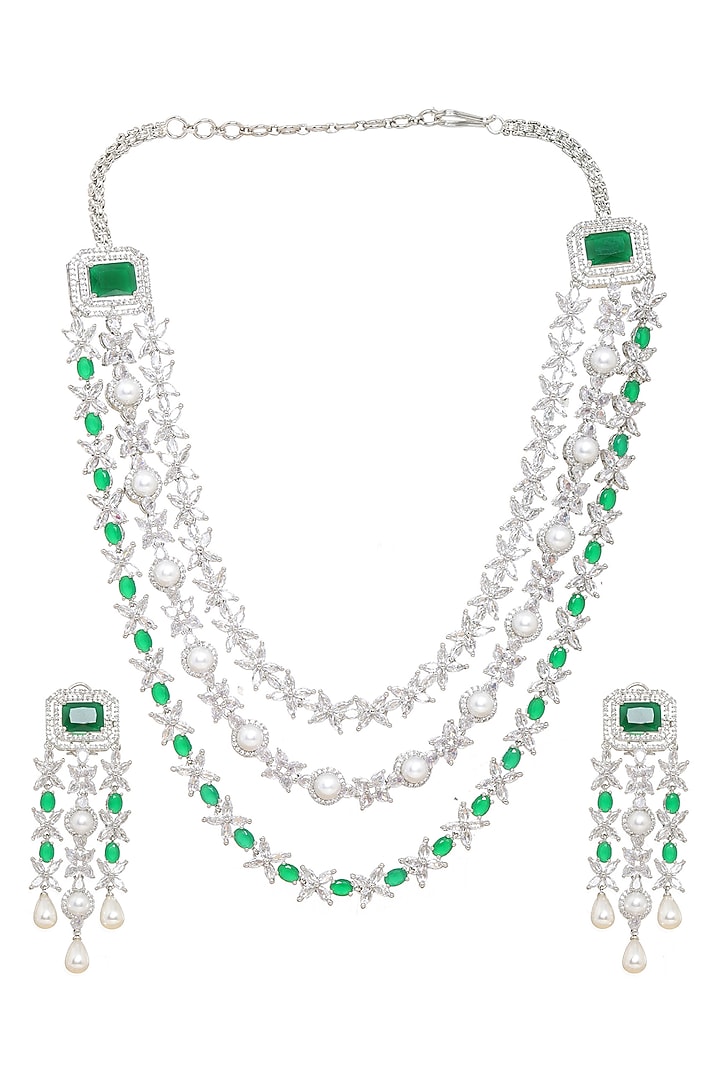 White Finish Emerald Stone & Diamond Long Layered Necklace Set by Ritu Singh at Pernia's Pop Up Shop