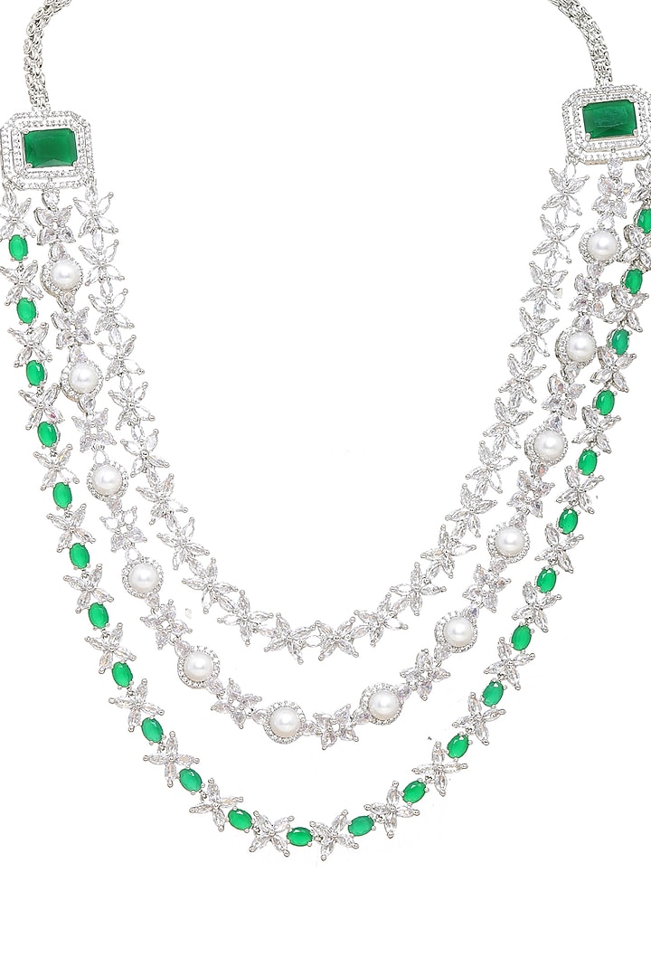 White Finish Emerald Stone & Diamond Long Layered Necklace Set by Ritu Singh at Pernia's Pop Up Shop