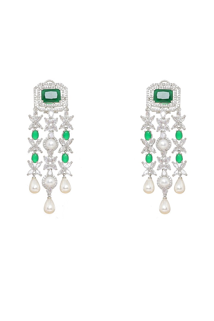 White Finish Emerald Stone & Diamond Long Layered Necklace Set by Ritu Singh at Pernia's Pop Up Shop