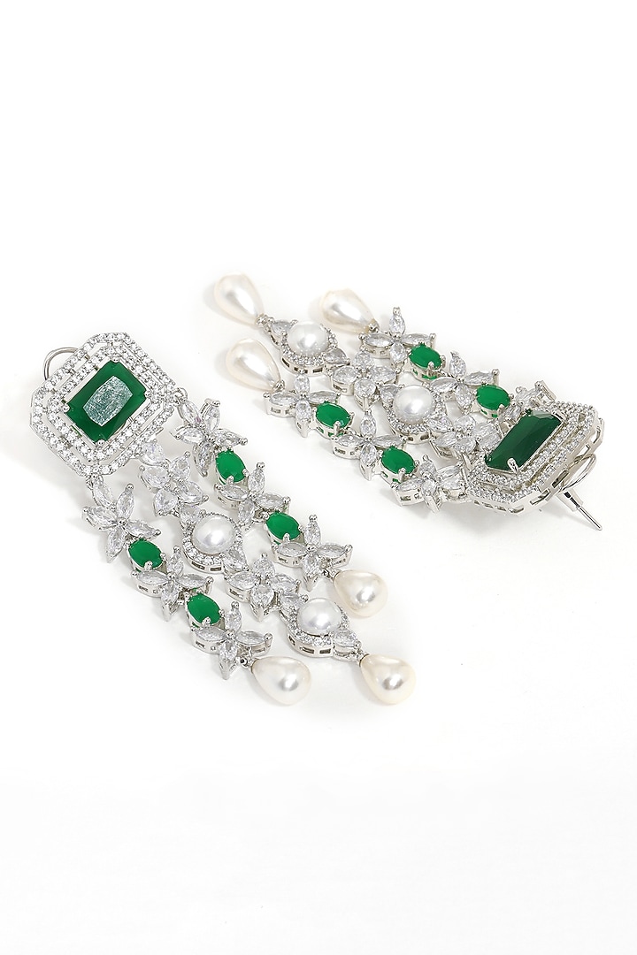 White Finish Emerald Stone & Diamond Long Layered Necklace Set by Ritu Singh at Pernia's Pop Up Shop
