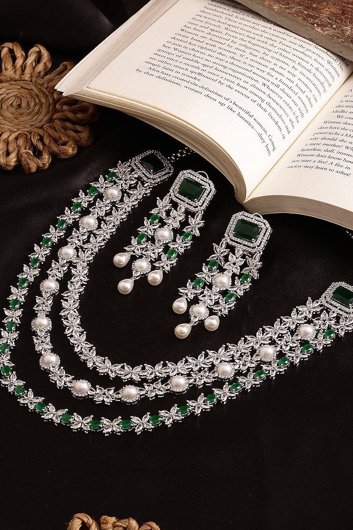 White Finish Emerald Stone & Diamond Long Layered Necklace Set by Ritu Singh at Pernia's Pop Up Shop