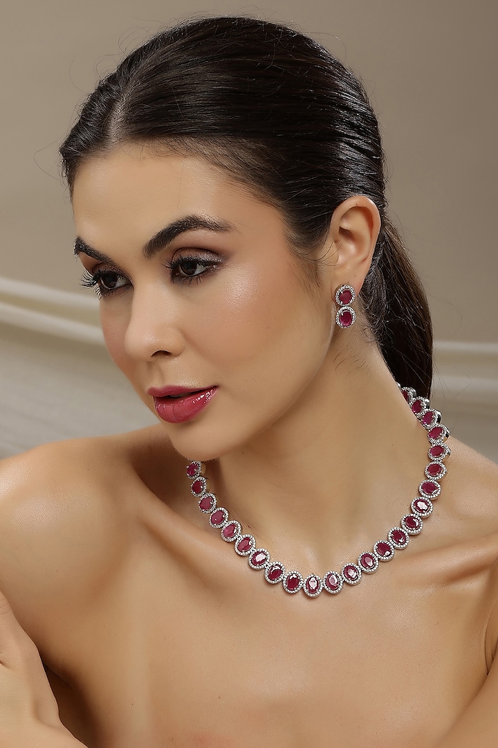 White Finish Maroon Zircon Necklace Set by Ritu Singh at Pernia's Pop Up Shop