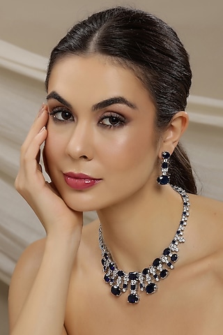 White Finish Blue Stone & Diamond Necklace Set by Ritu Singh
