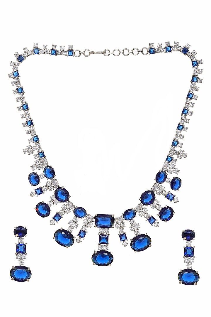 White Finish Blue Stone & Diamond Necklace Set by Ritu Singh at Pernia's Pop Up Shop