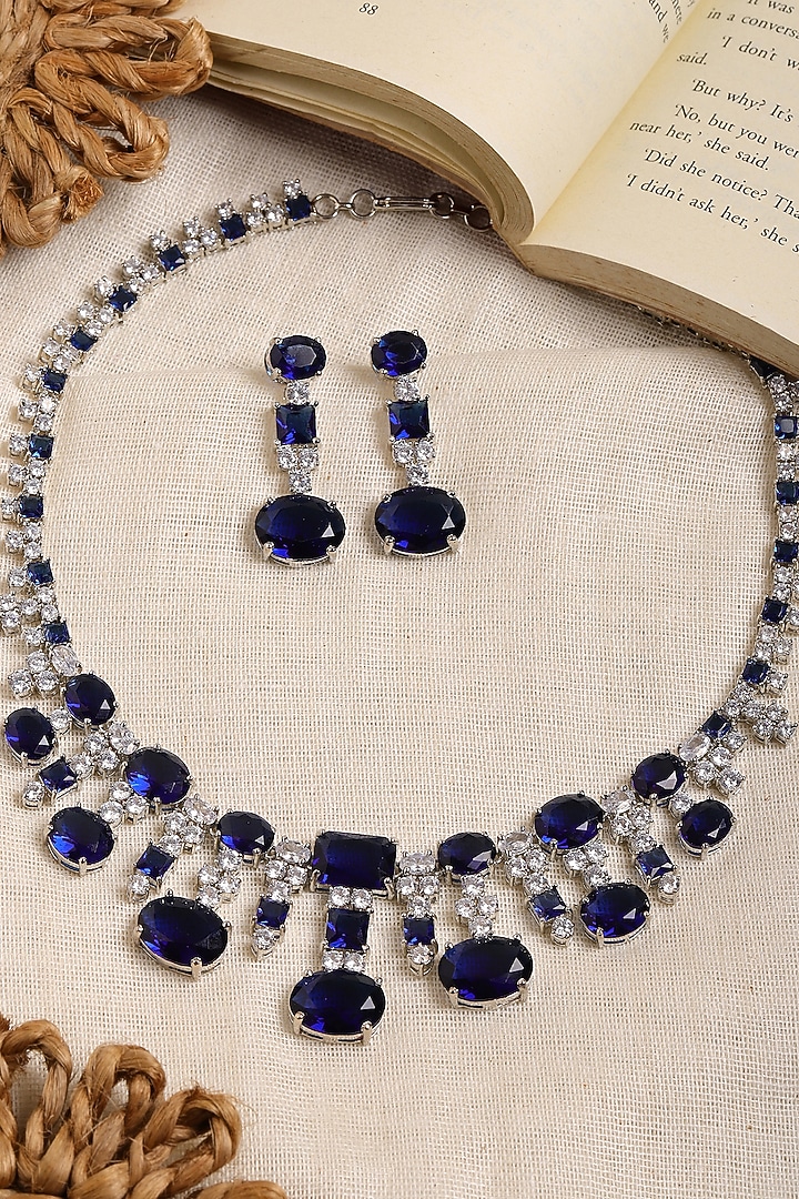 White Finish Blue Stone & Diamond Necklace Set by Ritu Singh at Pernia's Pop Up Shop