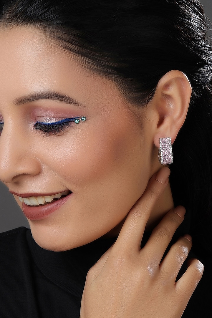 White Finish Pink Crystal Hoop Earrings by RITU