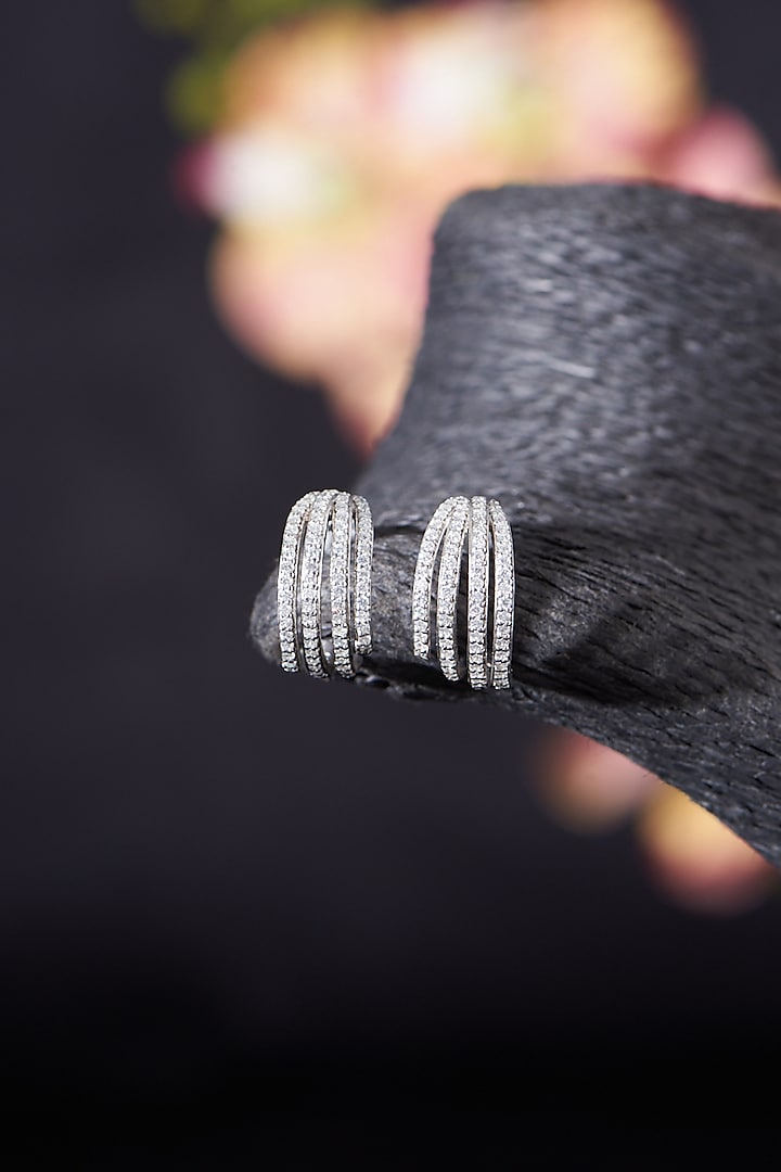 White Rhodium Finish Moissanite Polki Hoop Earrings In Sterling Silver by RUUH STUDIOS