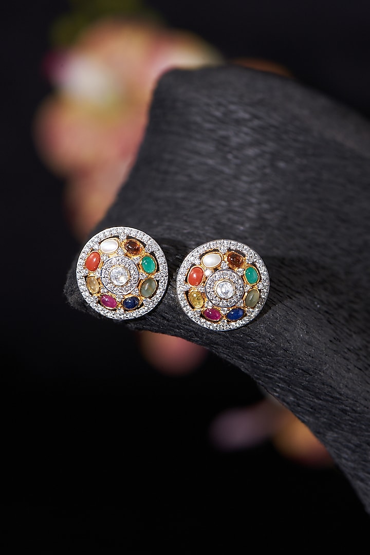 Gold Plated Navratna Stone & Moissanite Polki Stud Earrings In Sterling Silver by RUUH STUDIOS