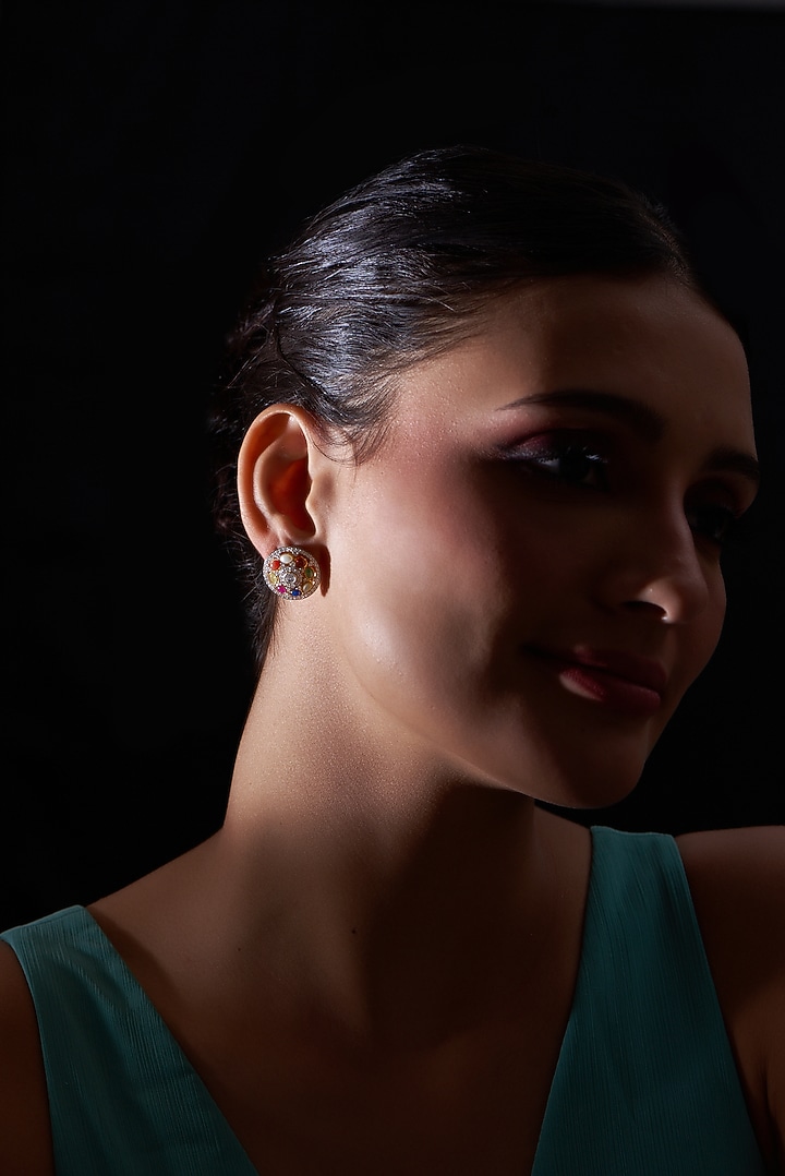 Gold Plated Navratna Stone & Moissanite Polki Stud Earrings In Sterling Silver by RUUH STUDIOS at Pernia's Pop Up Shop
