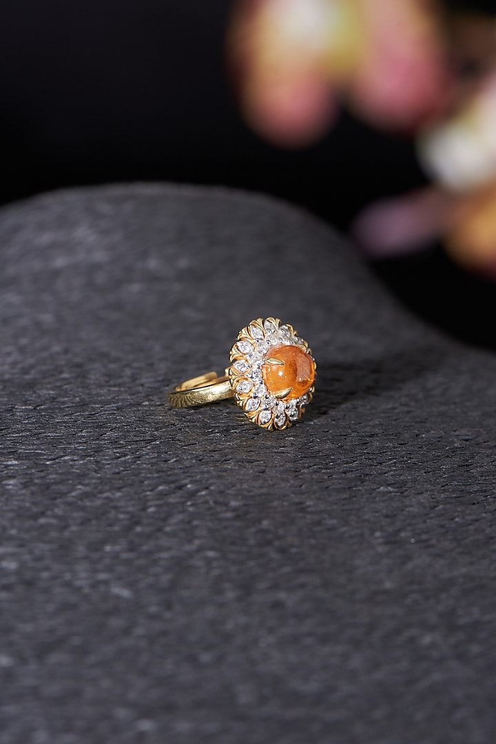 Gold Plated Spessartine Garnet & Moissanite Polki Ring In Sterling Silver by RUUH STUDIOS at Pernia's Pop Up Shop