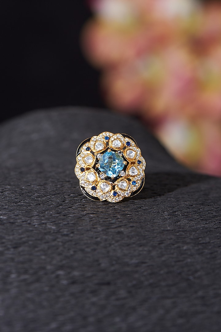 Gold Plated Blue Topaz & Moissanite Polki Ring In Sterling Silver by RUUH STUDIOS
