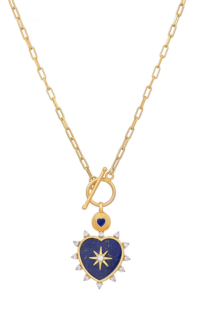 Gold Plated Lapis Lazuli Enamelled Heart Pendant Necklace In Sterling Silver by RUUH STUDIOS
