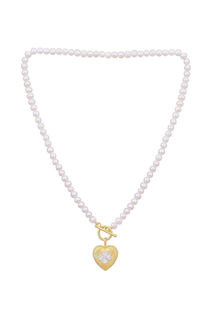Gold Plated Cubic Zirconia & Freshwater Pearl Heart Pendant Necklace In Sterling Silver by RUUH STUDIOS