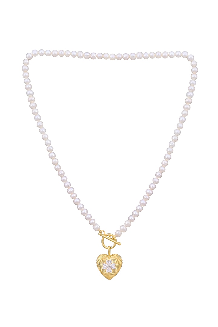 Gold Plated Cubic Zirconia & Freshwater Pearl Heart Pendant Necklace In Sterling Silver by RUUH STUDIOS at Pernia's Pop Up Shop