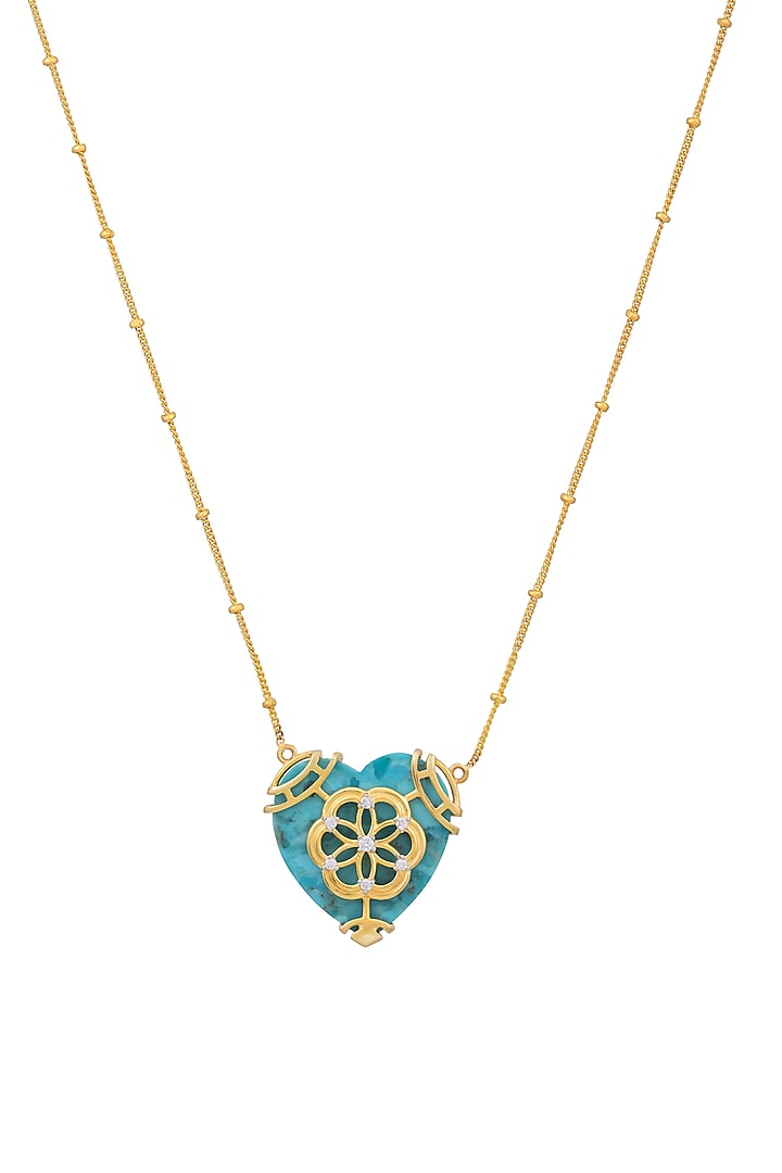 Gold Plated Turquoise Stone & Cubic Zirconia Heart Pendant Necklace In Sterling Silver by RUUH STUDIOS