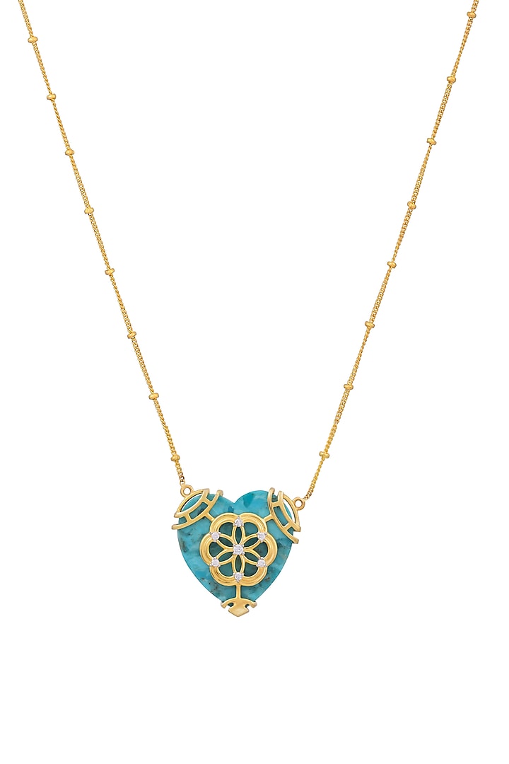 Gold Plated Turquoise Stone & Cubic Zirconia Heart Pendant Necklace In Sterling Silver by RUUH STUDIOS at Pernia's Pop Up Shop