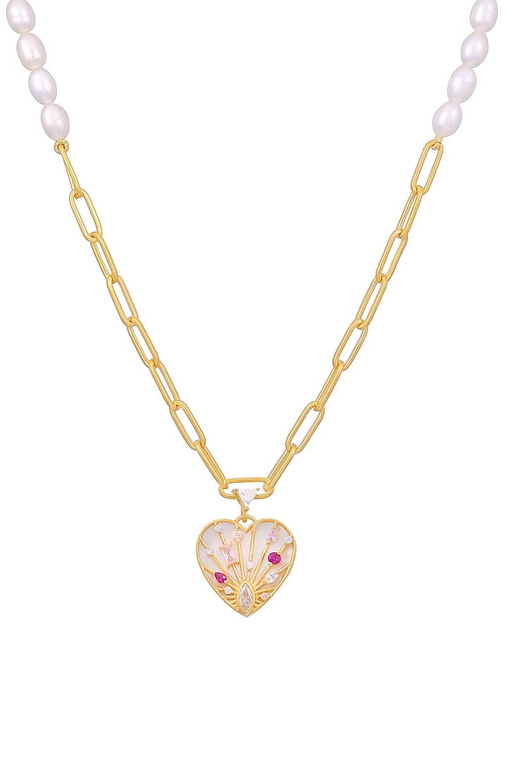 Gold Plated Mother Of Pearl & Cubic Zirconia Heart Pendant Necklace In Sterling Silver by RUUH STUDIOS