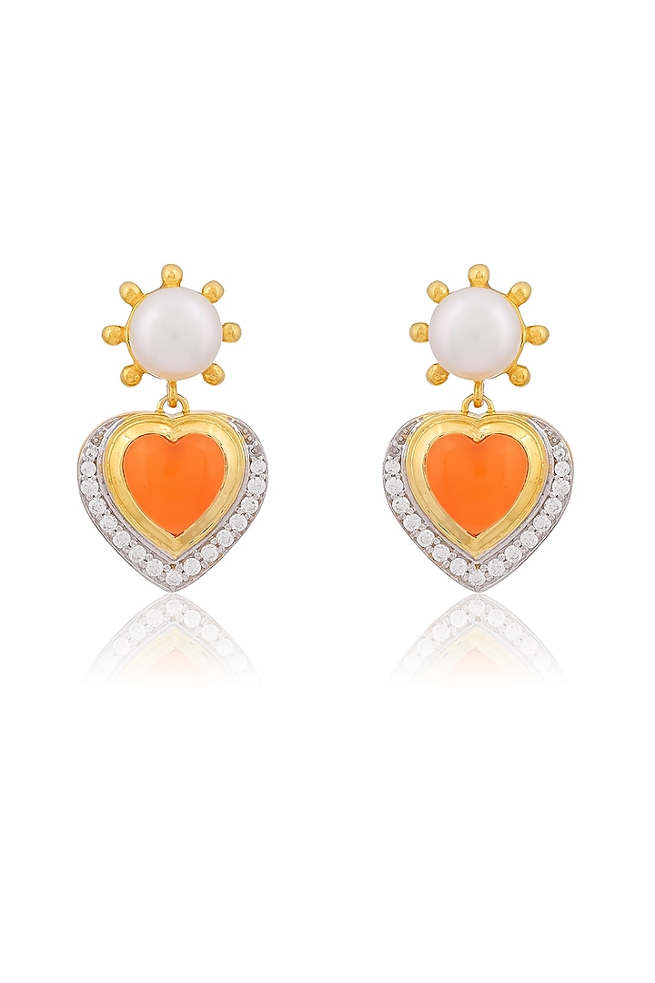 Gold Plated Carnelian Stone & CZ Heart Stud Earrings In Sterling Silver by RUUH STUDIOS