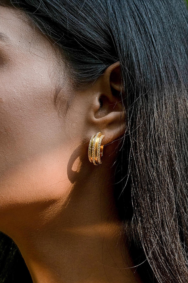 Gold Plated Cubic Zirconia Hoop Earrings In Sterling Silver by RUUH STUDIOS