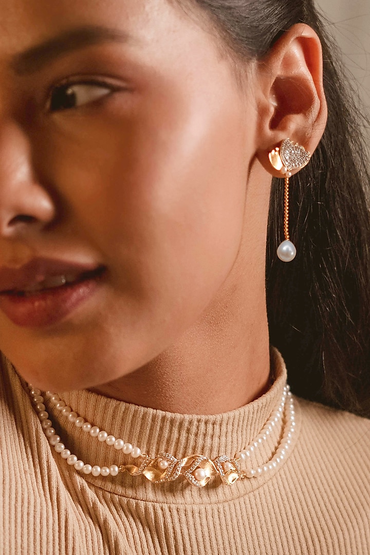 Gold Plated Pearl & Cubic Zirconia Earrings In Sterling Silver by RUUH STUDIOS at Pernia's Pop Up Shop