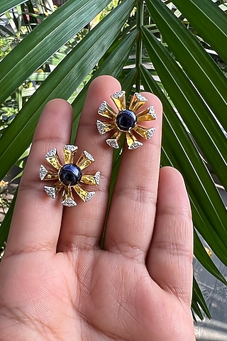 Gold Plated Black Pearl Stud Earrings In Sterling Silver by RUUH STUDIOS