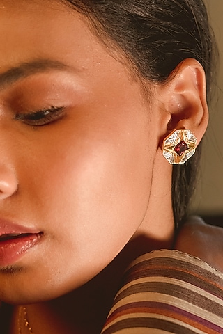 Gold Plated Red Garnet Stud Earrings In Sterling Silver by RUUH STUDIOS