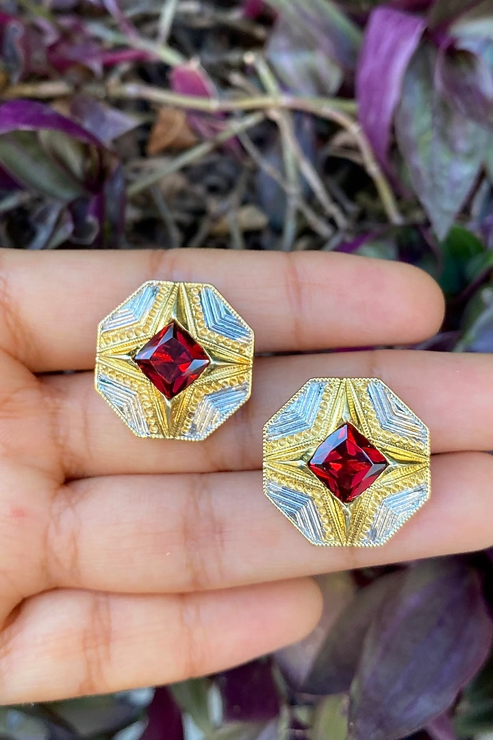 Gold Plated Red Garnet Stud Earrings In Sterling Silver by RUUH STUDIOS at Pernia's Pop Up Shop