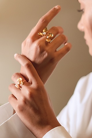 Gold Plated Floral Pearl Ring In Sterling Silver by RUUH STUDIOS