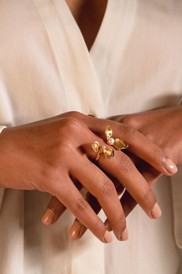 Gold Plated Floral Pearl Ring In Sterling Silver by RUUH STUDIOS at Pernia's Pop Up Shop