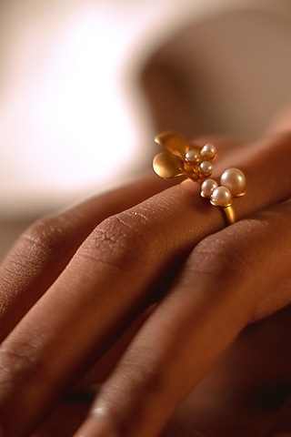 Gold Plated Floral Freshwater Pearls Ring In Sterling Silver by RUUH STUDIOS