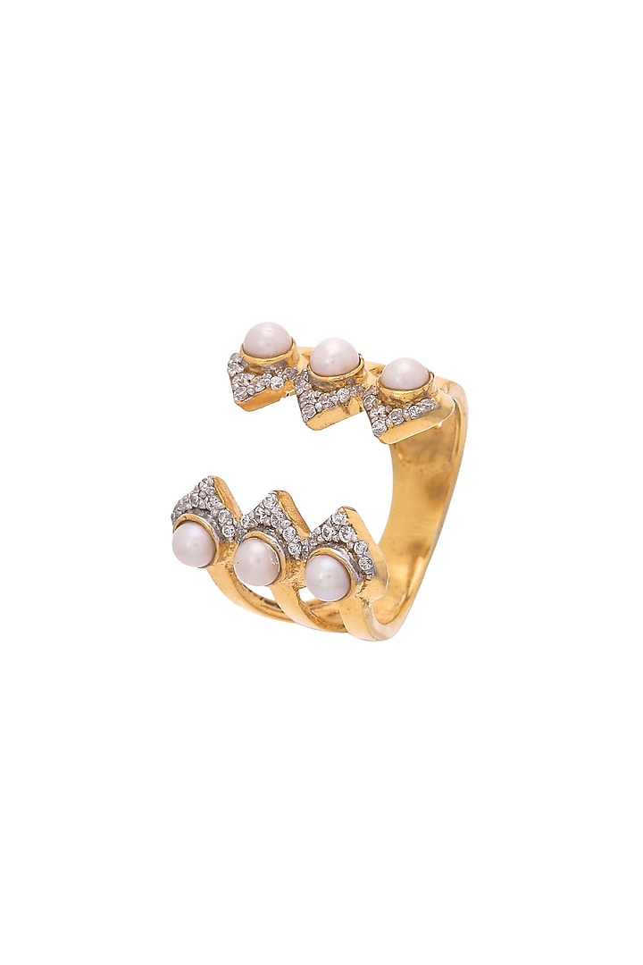 Gold Plated Pearls & Cz Ring In Sterling Silver by RUUH STUDIOS at Pernia's Pop Up Shop