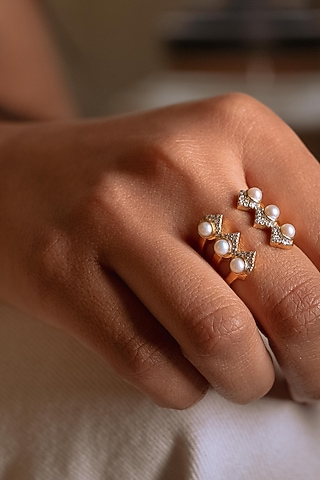 Gold Plated Pearls & Cz Ring In Sterling Silver by RUUH STUDIOS