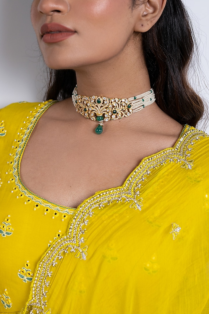 Gold Plated Moissanite Polki & Natural Green Onyx Choker Necklace In Sterling Silver by RUUH STUDIOS