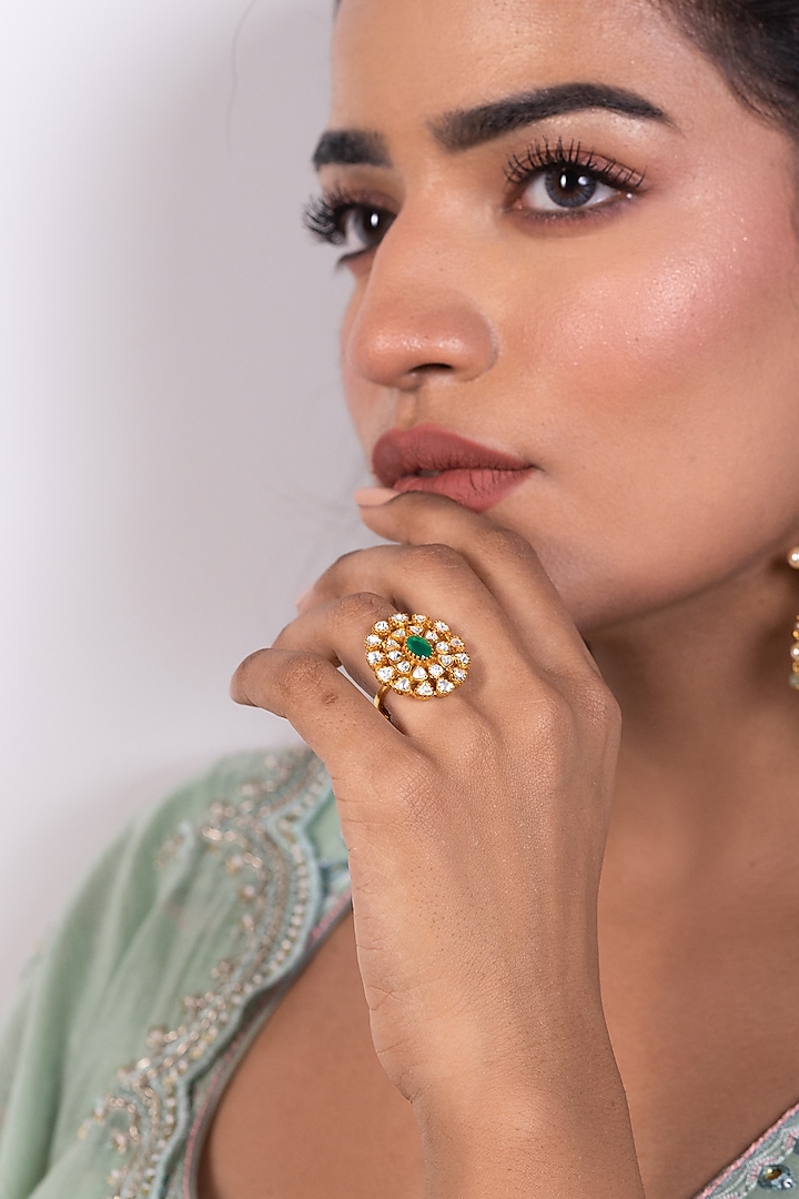 Gold Plated Moissanite Polki & Green Onyx Ring In Sterling Silver by RUUH STUDIOS at Pernia's Pop Up Shop