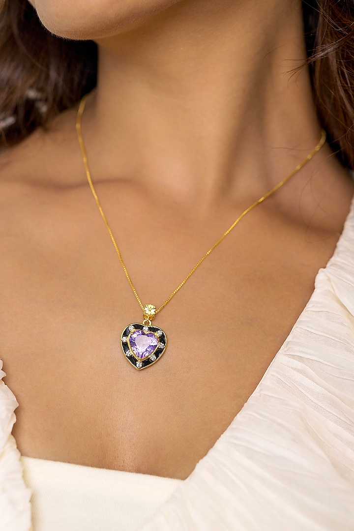 Gold Plated Moissanite Polki & Natural Amethyst Necklace In Sterling Silver by RUUH STUDIOS