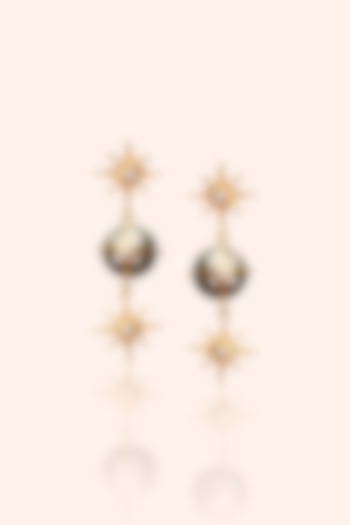 Gold Plated Black Tahitian Pearl Dangler Earrings In Sterling Silver by RUUH STUDIOS