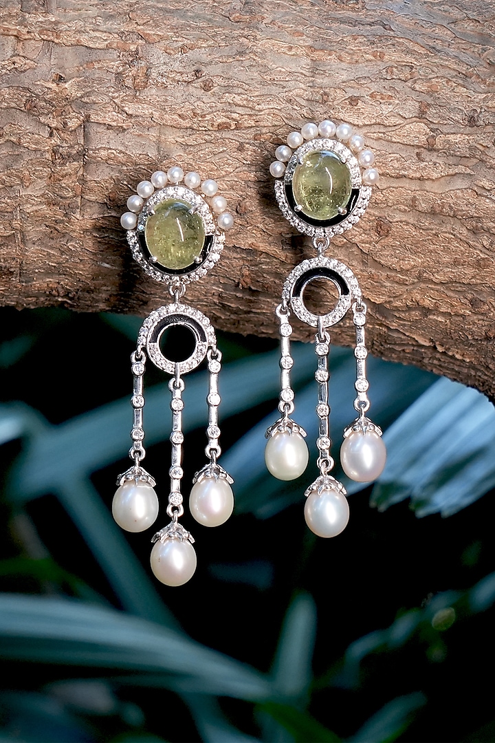 White Rhodium Finish Peridot Earrings In Sterling Silver by RUUH STUDIOS