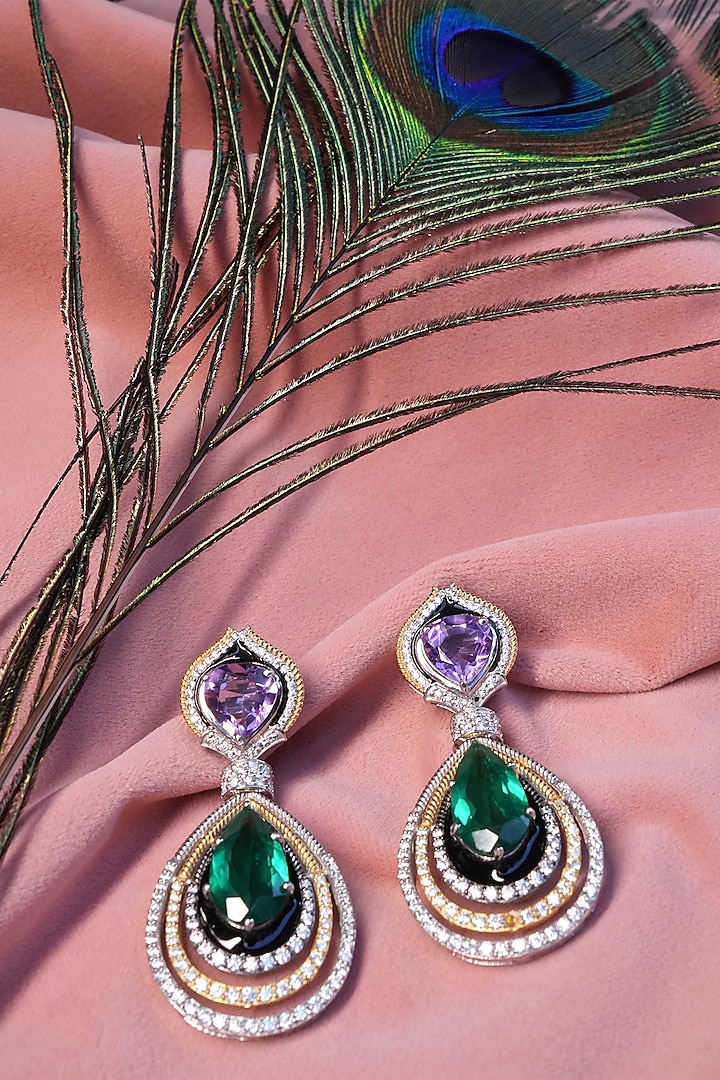 Gold Plated Amethyst & Emerald Dangler Earrings In Sterling Silver by RUUH STUDIOS