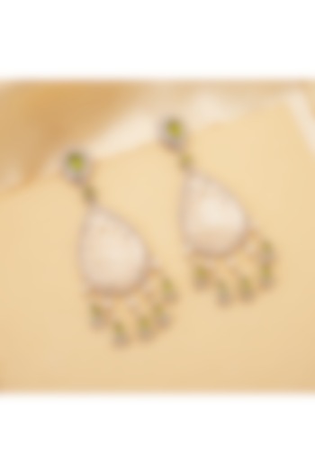 White Rhodium Finish Peridot & Mother Of Pearl Dangler Earrings In Sterling Silver by RUUH STUDIOS