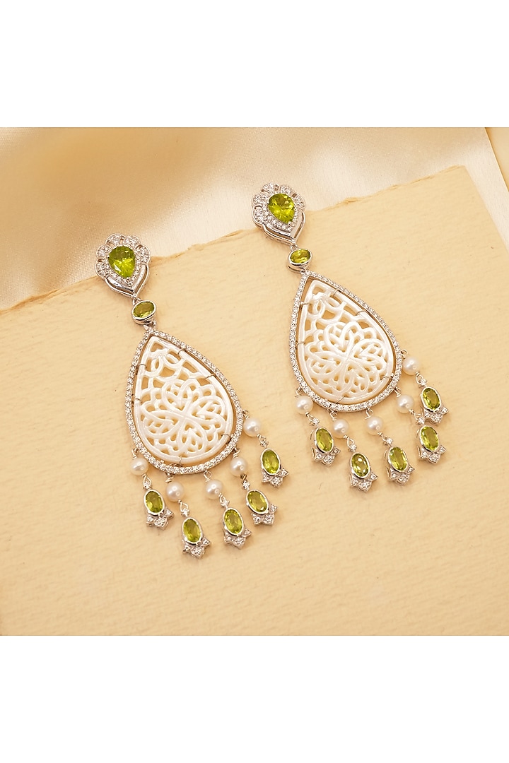 White Rhodium Finish Peridot & Mother Of Pearl Dangler Earrings In Sterling Silver by RUUH STUDIOS